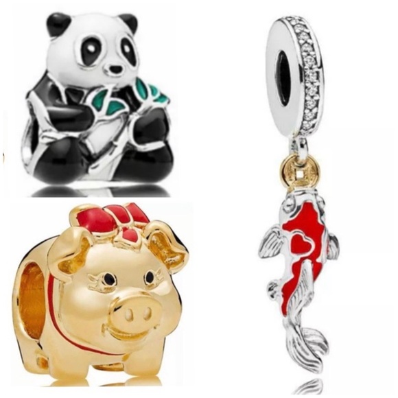 3 Gold Piggy Bank, Lucky Fish, Sweet Panda Bear Charm Bundle Set - Picture 1 of 1